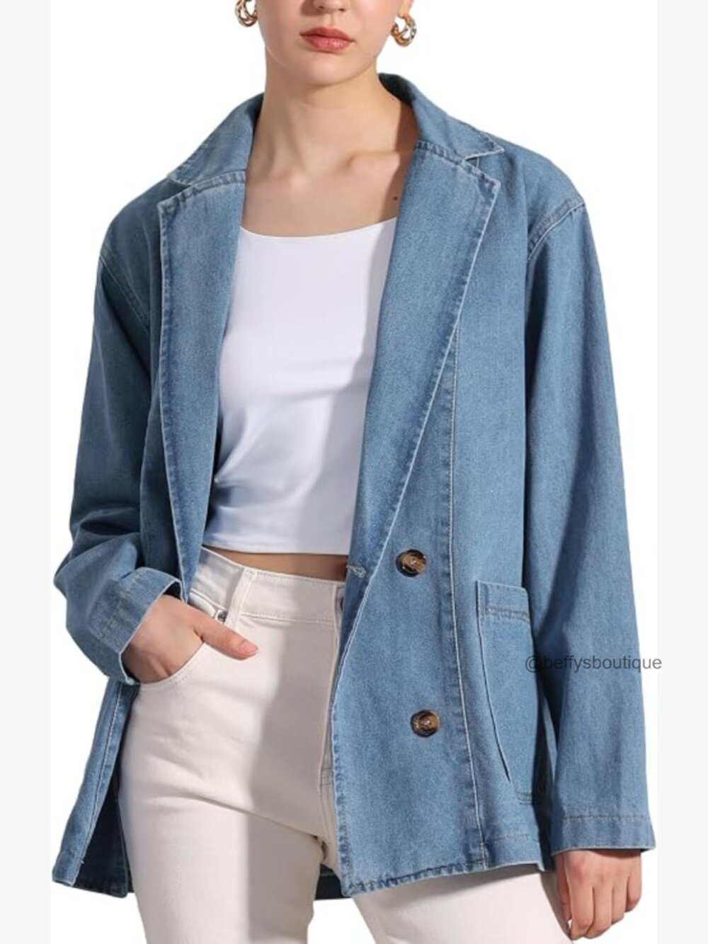 Oversized Denim Jacket Long Sleeve Button Down Pockets Casual Work Office